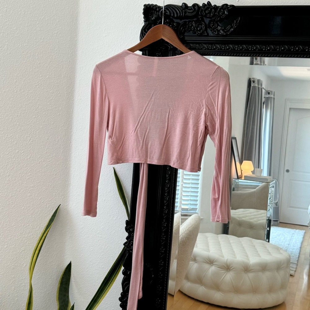 Active USA | Women’s Pink Long Sleeve Shrug Cardigan Tie Up Cropped Blouse - Picture 2 of 3